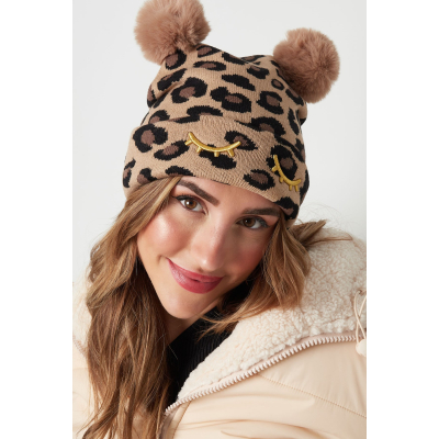 leopard print hat pompoms